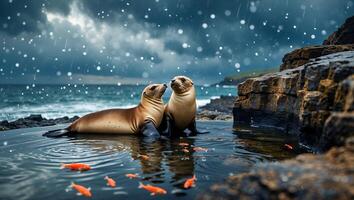 Seals Resting by Ocean Pool with Fish Under Rain Storm photo