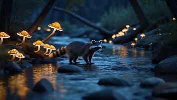 Raccoon Walking in Stream at Night with Glowing Mushrooms photo