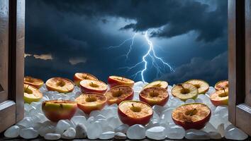 Apple Halves in Window Frame Against Stormy Lightning Sky Background photo