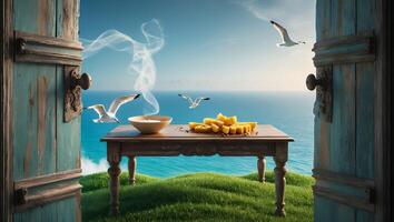 Open Door to Ocean View with Food and Flying Seagulls photo