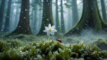 Lone White Flower and Ladybug in Rainy Mossy Forest Scene photo