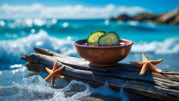 Relaxing Spa Scene with Cucumber Water at the Beach on Wood photo
