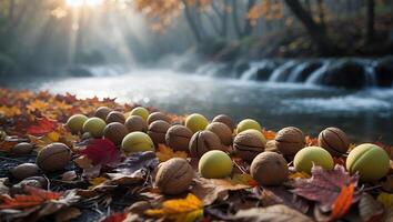 Gathering of Walnuts and Fruit Beside a River in Autumn photo