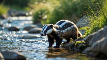 Badger Crossing Shallow Stream in Natural Habitat with Rocky Banks photo