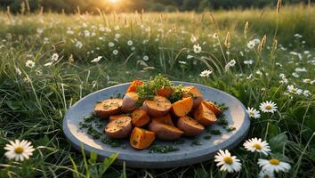 Roasted Sweet Potato Salad on Plate in Flower Meadow at Sunset photo