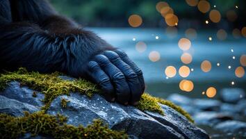 Primate Hand Resting on Mossy Rock Near Water with Bokeh Lights photo