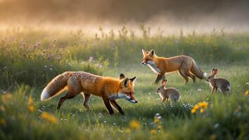 Foxes and Rabbits in a Sunny Meadow Exploring Wildlife Habitat photo
