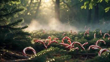 Candy Canes Scattered on Forest Floor with Soft Natural Lighting photo