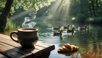 Hot Coffee and Croissant by Lake with Ducks Enjoying Peaceful Morning photo