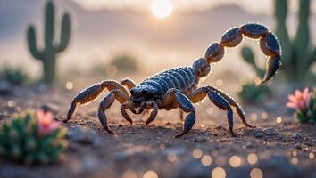 Scorpion Posing in Desert Landscape Under Sun with Cactus and Flowers photo