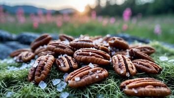 Pecan Nuts with Sea Salt on Mossy Rock at Sunset photo