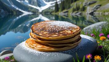 Stack of Pancakes with Powdered Sugar by Mountain Lake Scene photo