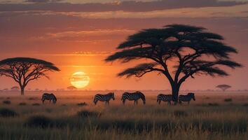Zebras Grazing at Sunset in African Savannah Under Umbrella Trees photo