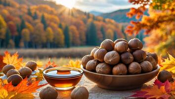 Chestnuts and Honey with Autumn Leaves in Colorful Forest Landscape photo