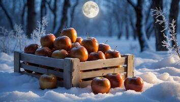 Apples in Crate on Snow at Night with Moonlit Winter Forest photo
