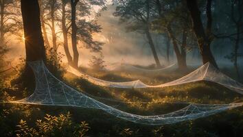 Spiderweb Covered Forest Floor with Sunlight Streaming Through the Trees photo