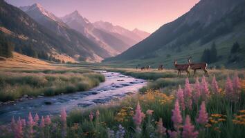 Deer Grazing by Mountain Stream in Valley with Meadow Flowers photo