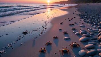 Crabs Walking on Sandy Beach at Sunset with Gentle Waves photo