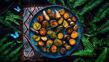 Roasted Root Vegetables with Herbs on Decorative Plate in Nature photo