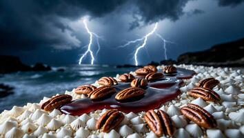 Pecan Nuts and Jam on Creamy Base Under a Stormy Sky photo