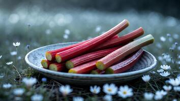Rhubarb Stalks on Plate Surrounded by Flowers Freshly Harvested photo