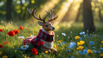 Deer Relaxing in Meadow with Flowers and Warm Sunlight photo