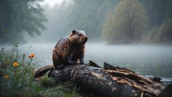 Beaver Sitting on Log by Foggy Lake in Natural Habitat photo