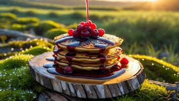 Stack of Pancakes Being Drizzled with Syrup and Topped with Berries photo