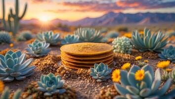 Stack of Pancakes in Desert with Cactus and Mountain Backdrop photo
