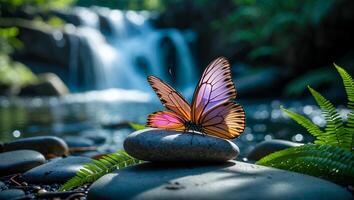 Butterfly Resting on Stone by Waterfall in Lush Green Nature photo