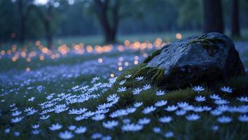 Wildflowers in Meadow with Rock and Bokeh Lights at Dusk photo