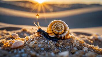 Snail Crawling on Sand with Water Droplet at Warm Sunset photo