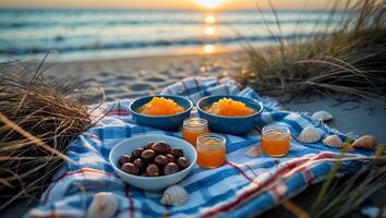 Beach Picnic with Food at Sunset Relaxing Meal by the Sea photo