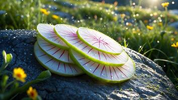 Radish Slices on Rock with Greenery and Glistening Water Droplets photo