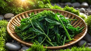 Green Vegetable Displayed in Woven Basket Surrounded by Moss and Rocks photo