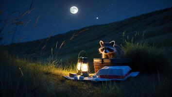 Raccoon Sitting in Picnic Basket Under Moonlit Starry Night Landscape photo