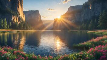 Scenic Lake Surrounded by Cliffs Reflecting Sunlight and Wildflowers Growing photo