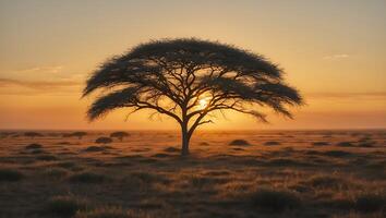 Solitary Tree Silhouette Against a Golden Sunset in the Savanna photo
