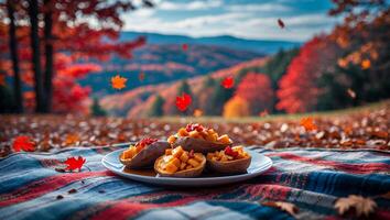 Stuffed Sweet Potato Halves on Plaid Blanket in Autumnal Setting photo