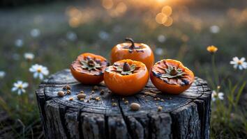 Arrangement of Orange Persimmons on a Tree Stump in Nature Setting photo