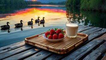Strawberries and Drink on Dock with Ducks Swimming at Sunset photo