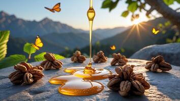 Honey Drizzling Onto Pecans with Mountain Scenery and Butterflies photo