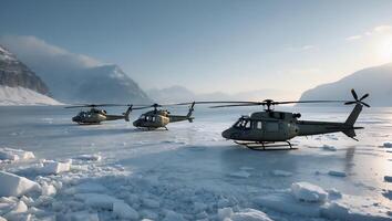 Helicopters Parked on Icy Landscape Surrounded by Mountains and Blue Sky photo
