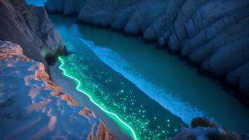 Glowing Waters Flowing Through Rocky Canyon Creating Dreamy Landscape Scenery photo