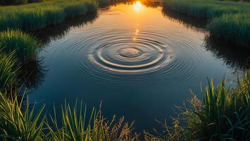 Water Ripples on Pond Surface at Sunset with Natural Greenery photo