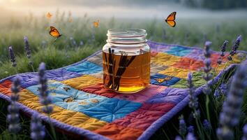 Jar with Sticks on Quilt Surrounded by Lavender and Butterflies photo