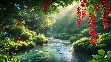 River Flowing Through Forest with Light Rays and Colorful Insects photo