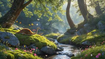 Resting Creature by Stream in Forest with Butterflies and Moss photo