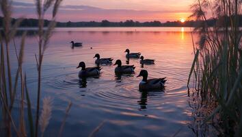 Ducks Swimming on Lake at Sunset with Reflections and Reeds photo