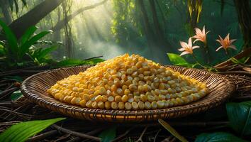 Corn Kernels in Woven Basket Placed in Lush Tropical Forest photo
